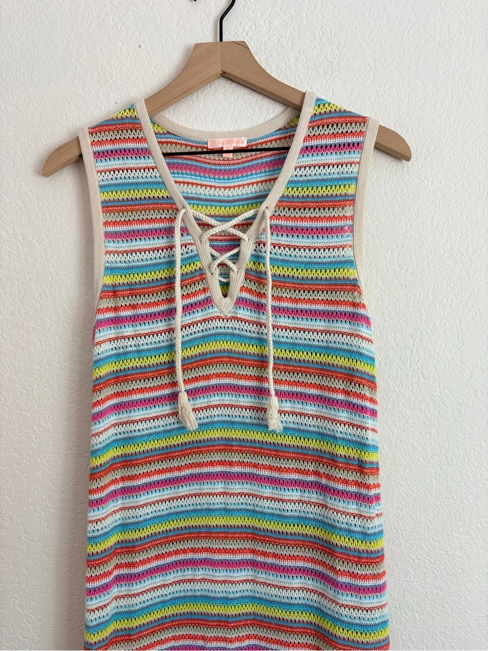 Lisa Todd Colorful Striped Crochet Fringe Maxi Dress